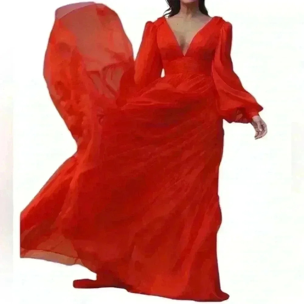 Gorgeous sexy v neck wedding gown long puffy sleeve.